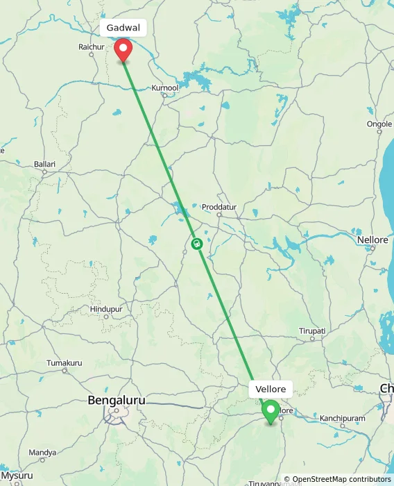 Route map showing distance and travel time from Vellore, India to Gadwal, India