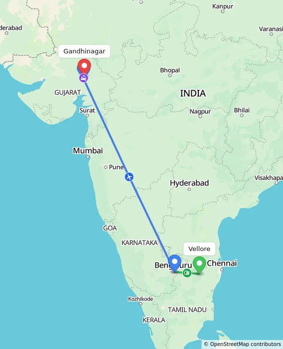 Route map showing distance and travel time from Vellore, India to Gandhinagar, India