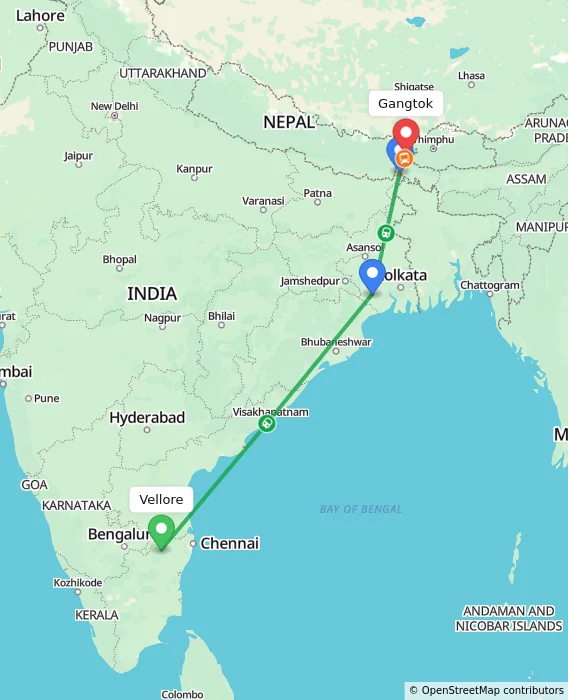 Route map showing distance and travel time from Vellore, India to Gangtok, India