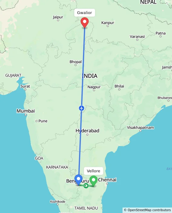 Route map showing distance and travel time from Vellore, India to Gwalior, India
