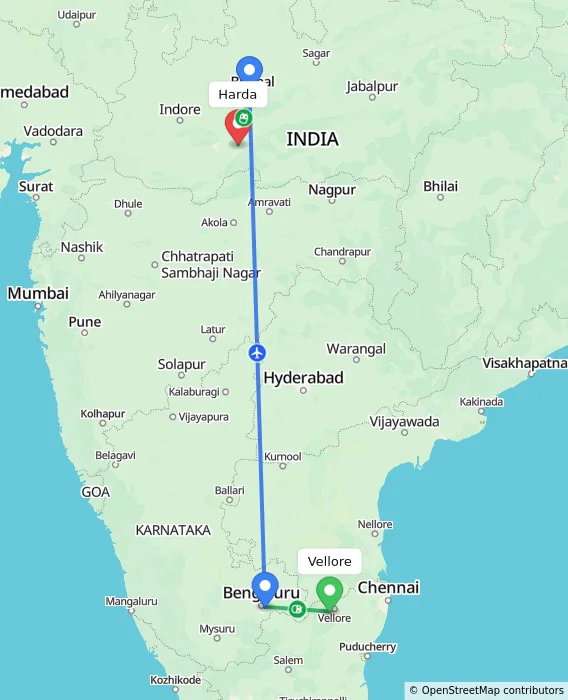 Route map showing distance and travel time from Vellore, India to Harda, India
