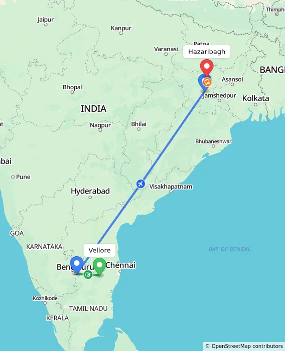 Route map showing distance and travel time from Vellore, India to Hazaribagh, India