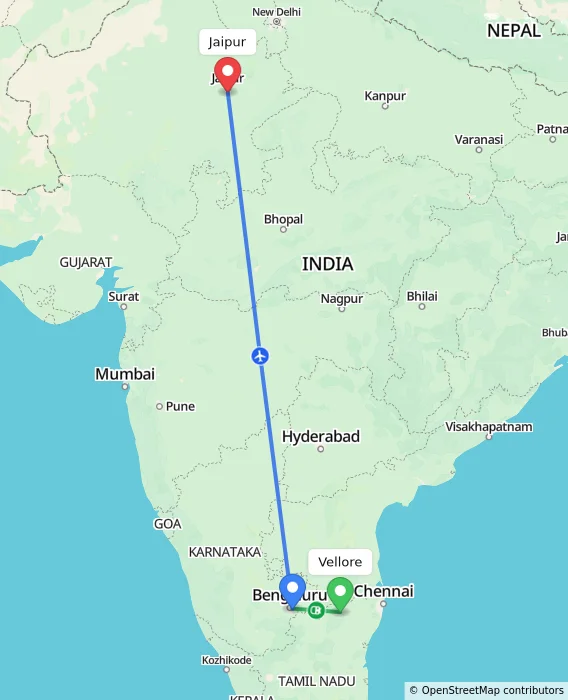 Route map showing distance and travel time from Vellore, India to Jaipur, India
