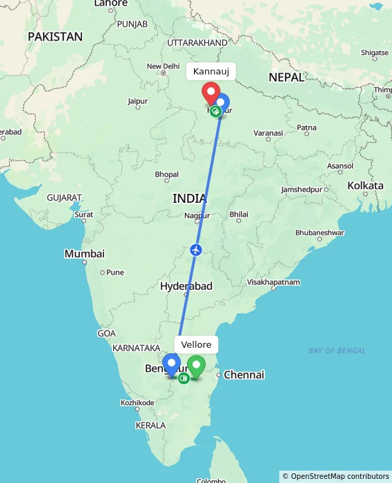 Route map showing distance and travel time from Vellore, India to Kannauj, India