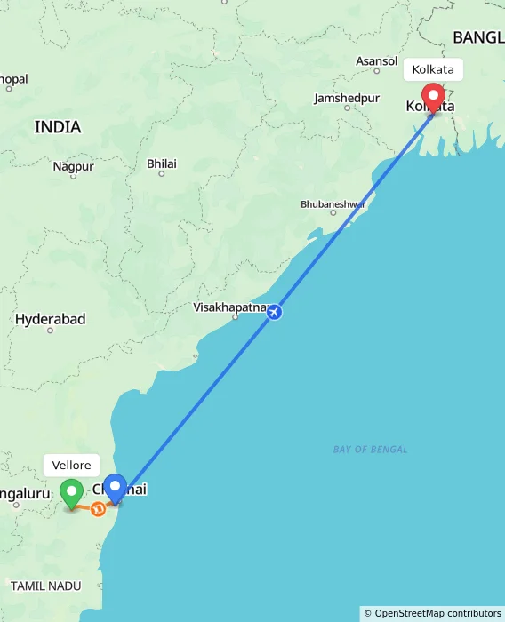 Route map showing distance and travel time from Vellore, India to Kolkata, India