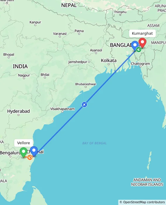 Route map showing distance and travel time from Vellore, India to Kumarghat, India