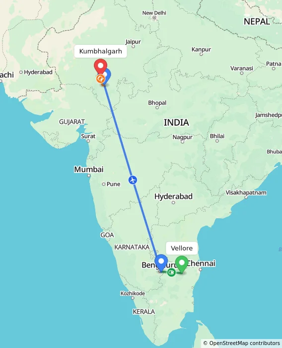 Route map showing distance and travel time from Vellore, India to Kumbhalgarh, India