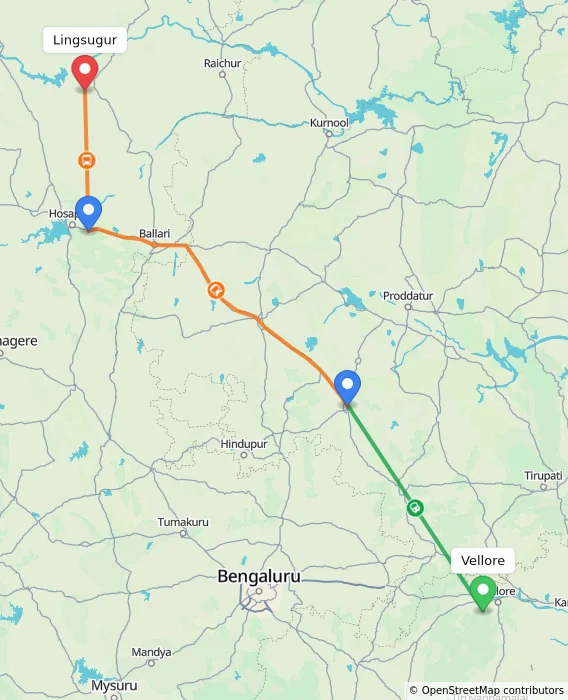 Route map showing distance and travel time from Vellore, India to Lingsugur, India