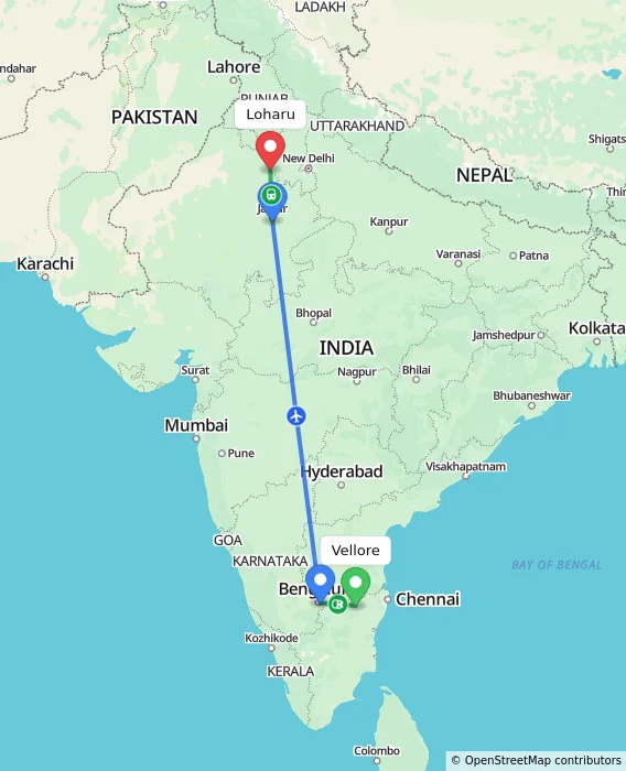 Route map showing distance and travel time from Vellore, India to Loharu, India