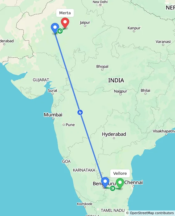 Route map showing distance and travel time from Vellore, India to Merta, India