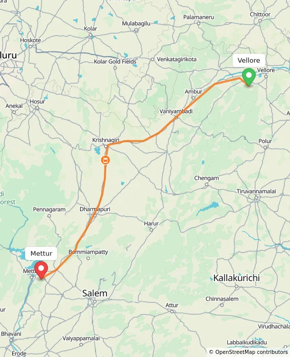 Route map showing distance and travel time from Vellore, India to Mettur, India