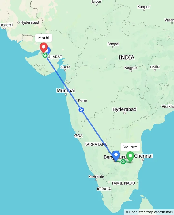 Route map showing distance and travel time from Vellore, India to Morbi, India