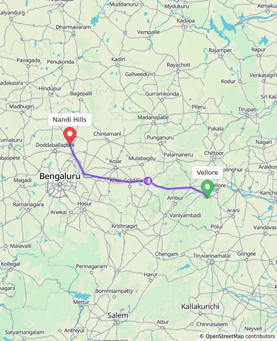 Route map showing distance and travel time from Vellore, India to Nandi Hills, India