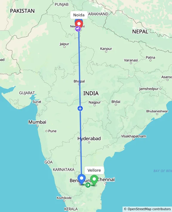 Route map showing distance and travel time from Vellore, India to Noida, India