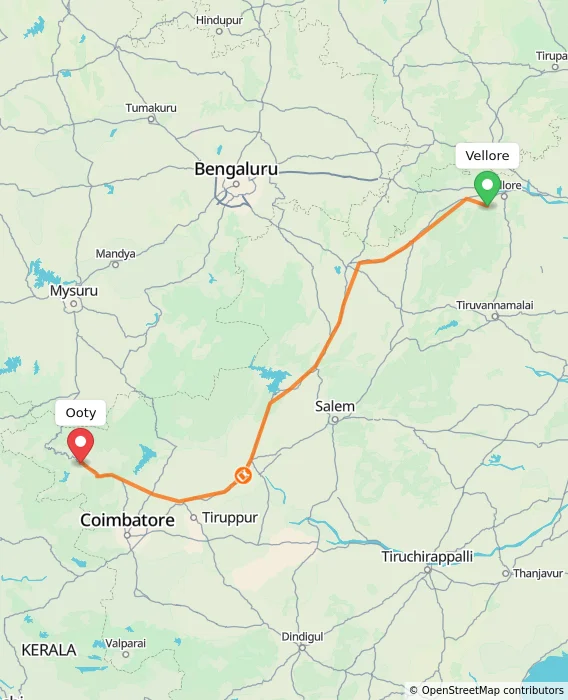 Route map showing distance and travel time from Vellore, India to Ooty, India