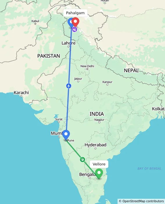 Route map showing distance and travel time from Vellore, India to Pahalgam, India
