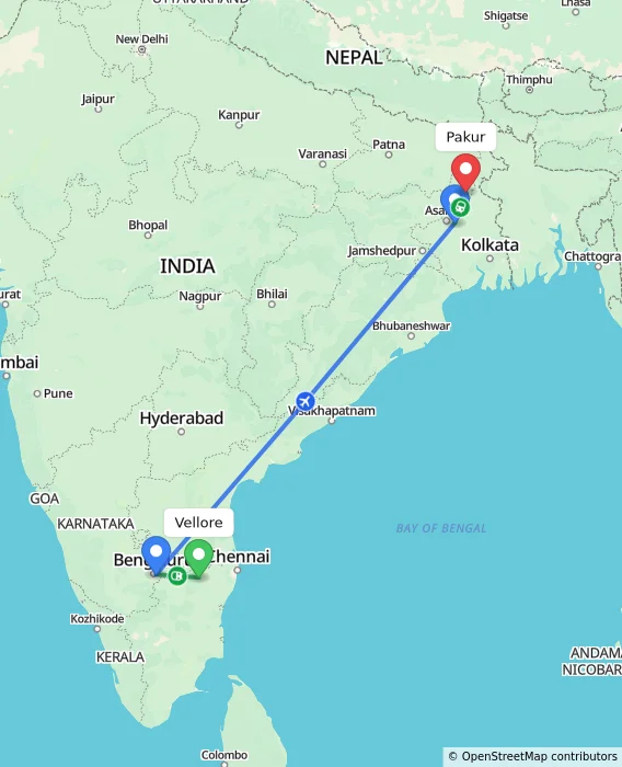 Route map showing distance and travel time from Vellore, India to Pakur, India