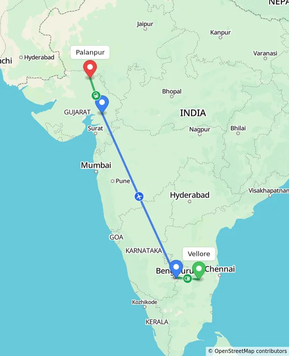Route map showing distance and travel time from Vellore, India to Palanpur, India