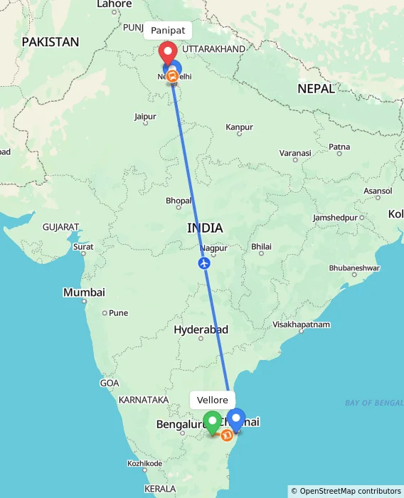 Route map showing distance and travel time from Vellore, India to Panipat, India