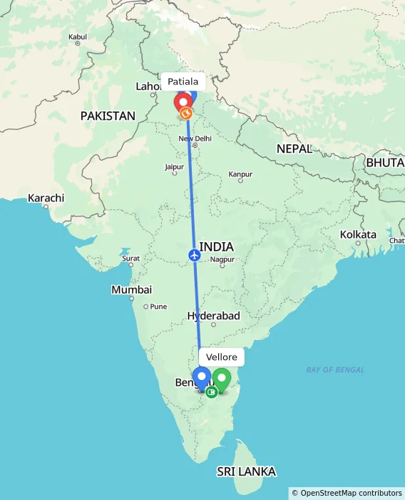 Route map showing distance and travel time from Vellore, India to Patiala, India