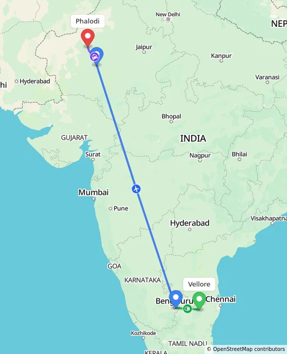 Route map showing distance and travel time from Vellore, India to Phalodi, India