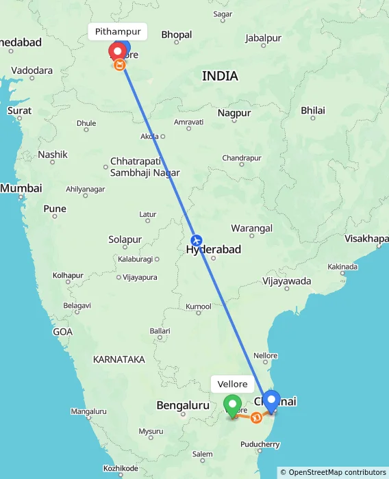 Route map showing distance and travel time from Vellore, India to Pithampur, India