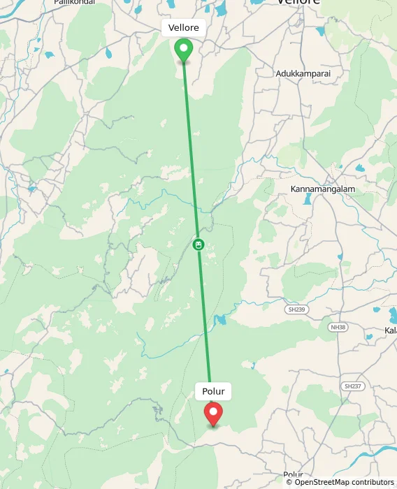 Route map showing distance and travel time from Vellore, India to Polur, India