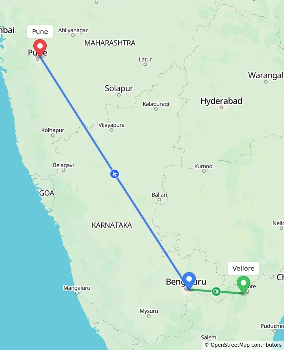 Route map showing distance and travel time from Vellore, India to Pune, India