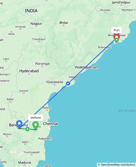 Route map showing distance and travel time from Vellore, India to Puri, India