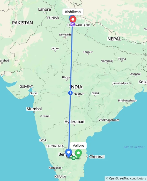Route map showing distance and travel time from Vellore, India to Rishikesh, India
