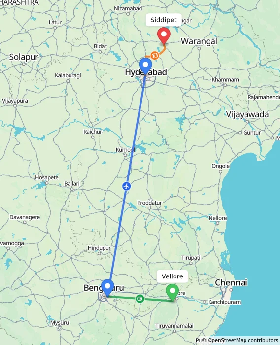 Route map showing distance and travel time from Vellore, India to Siddipet, India