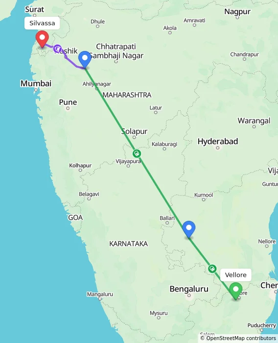 Route map showing distance and travel time from Vellore, India to Silvassa, India