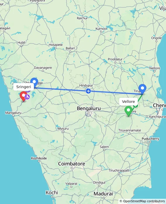 Route map showing distance and travel time from Vellore, India to Sringeri, India
