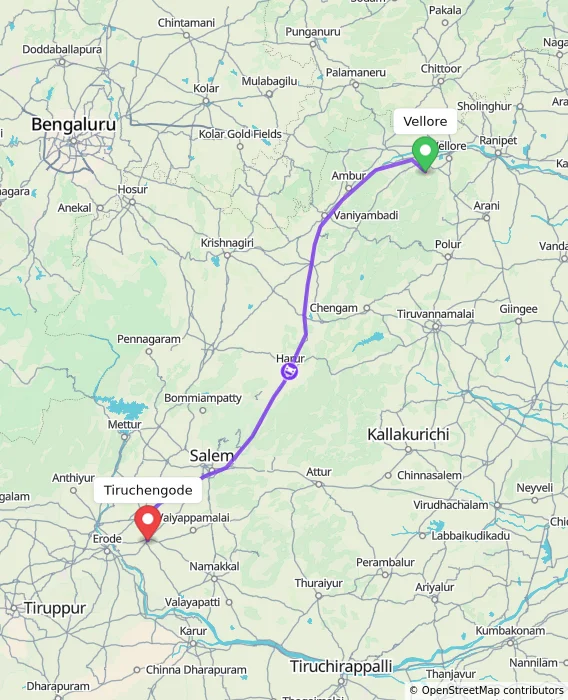 Route map showing distance and travel time from Vellore, India to Tiruchengode, India