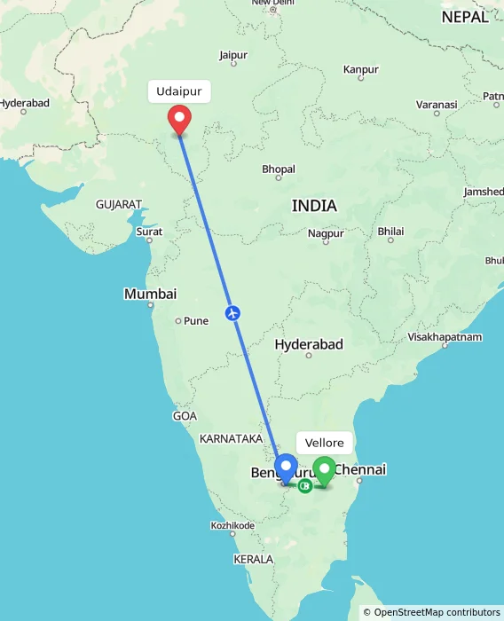 Route map showing distance and travel time from Vellore, India to Udaipur, India