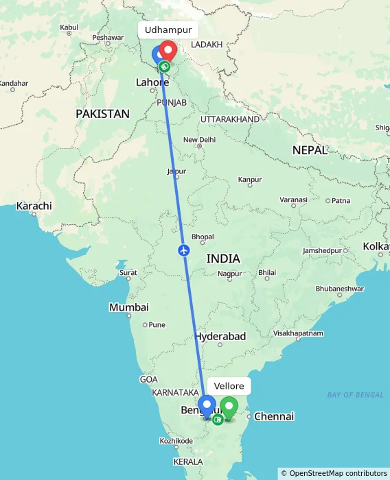 Route map showing distance and travel time from Vellore, India to Udhampur, India