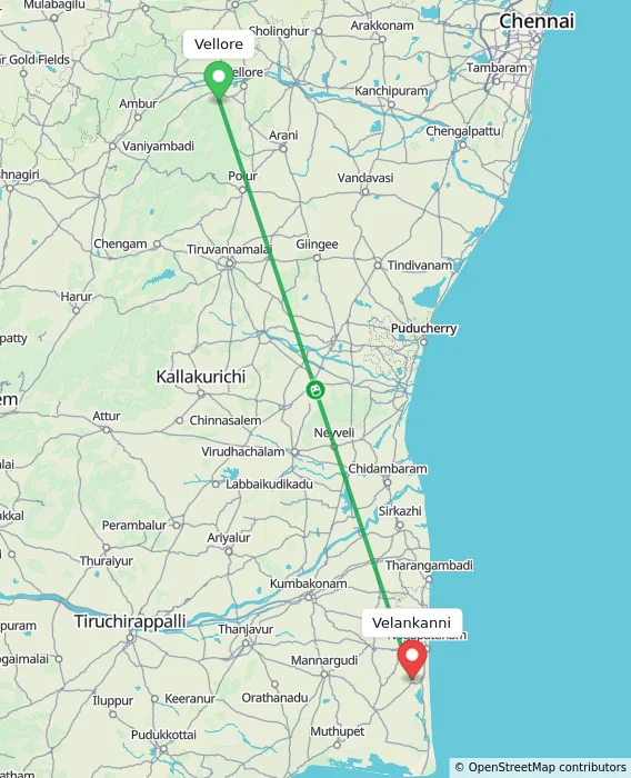 Route map showing distance and travel time from Vellore, India to Velankanni, India