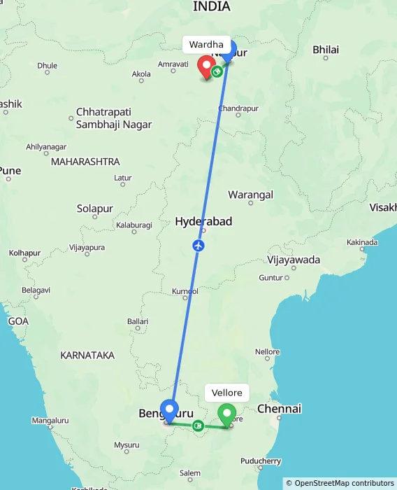 Route map showing distance and travel time from Vellore, India to Wardha, India