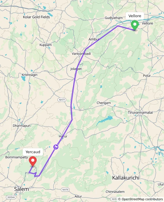 Route map showing distance and travel time from Vellore, India to Yercaud, India