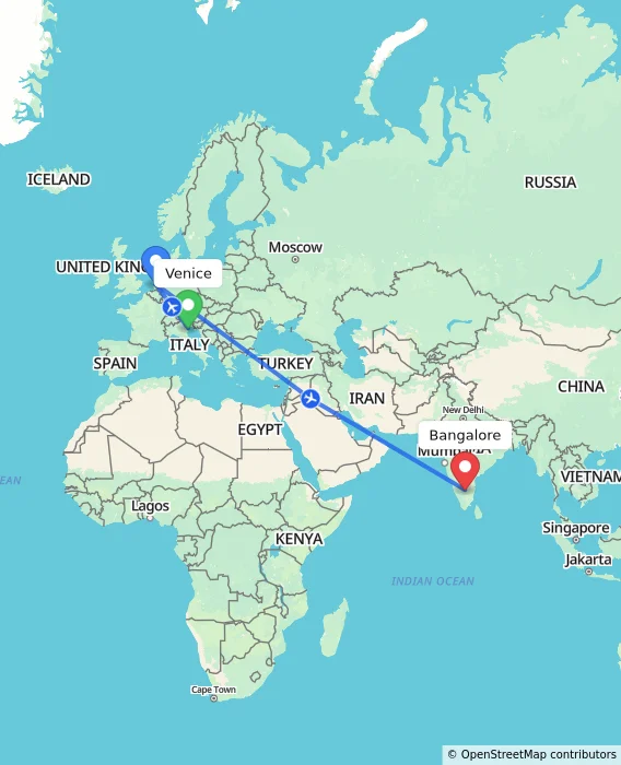 Route map showing distance and travel time from Venice, Italy to Bangalore, India