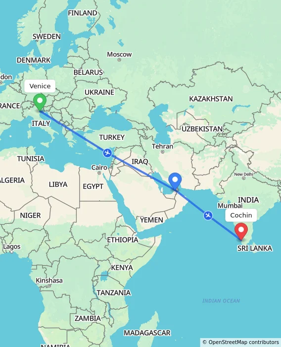 Route map showing distance and travel time from Venice, Italy to Cochin, India
