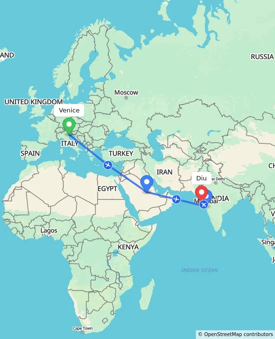 Route map showing distance and travel time from Venice, Italy to Diu, India