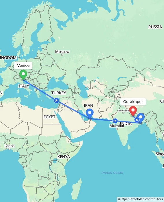 Route map showing distance and travel time from Venice, Italy to Gorakhpur, India