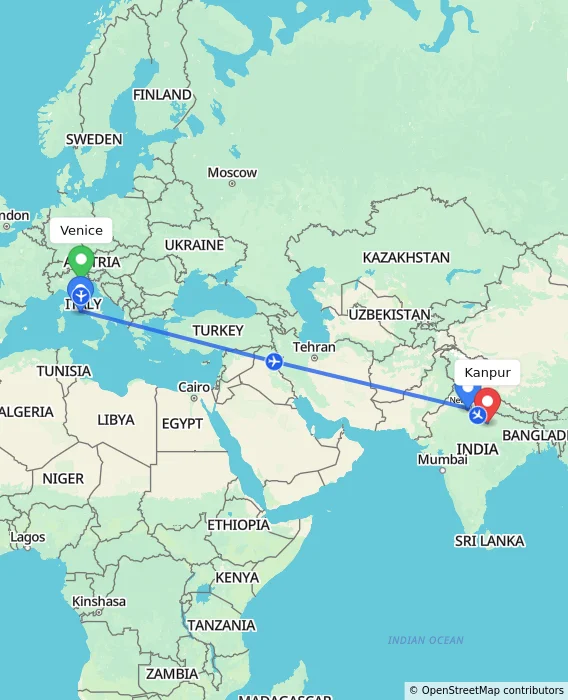 Route map showing distance and travel time from Venice, Italy to Kanpur, India