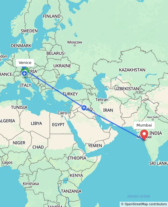 Route map showing distance and travel time from Venice, Italy to Mumbai, India