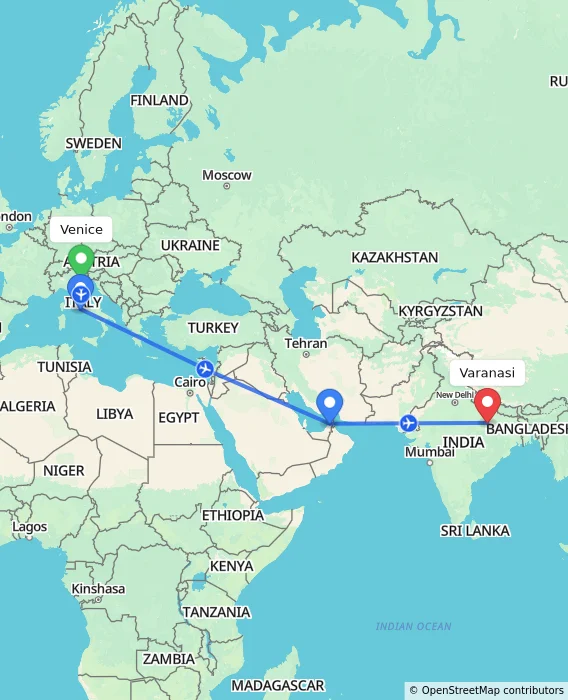 Route map showing distance and travel time from Venice, Italy to Varanasi, India