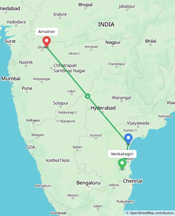 Route map showing distance and travel time from Venkatagiri, India to Amalner, India