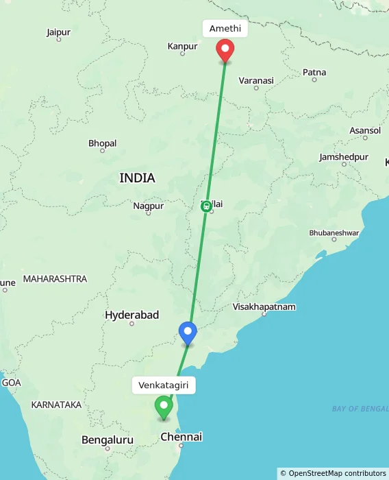 Route map showing distance and travel time from Venkatagiri, India to Amethi, India