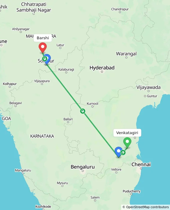 Route map showing distance and travel time from Venkatagiri, India to Barshi, India