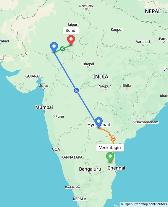 Route map showing distance and travel time from Venkatagiri, India to Bundi, India